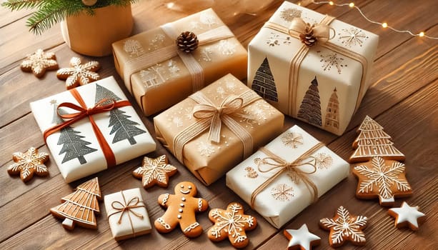 A Christmas present on a wooden table, wrapped in homemade, hand-painted paper with a bow and straps. Beside the gift are handmade gingerbread cookies decorated with royal icing, adding a festive touch.