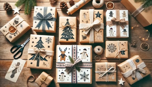 Top-down view of several Christmas presents of different sizes on a wooden table, wrapped in homemade, hand-painted paper with bows and straps. The minimalist and festive designs offer an elegant holiday presentation.