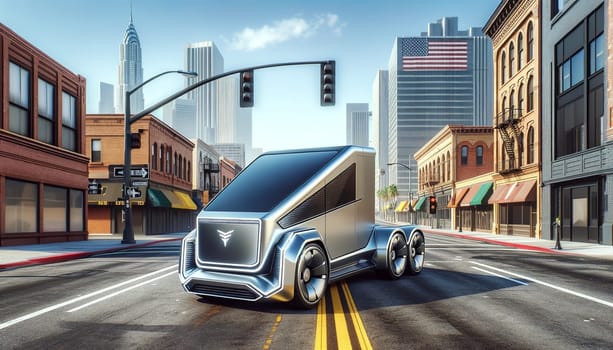An avant-garde electric delivery truck navigates through the urban jungle, showcasing its dominance on the crosswalk of a bustling downtown street, merging efficiency with futurism.