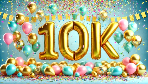 Golden balloons spelling out "10K" float in the air, surrounded by colorful confetti and pastel balloons. A light blue sky background enhances the visibility of the gold balloons. The depth of field effect with an f/2.8 aperture creates a beautifully blurred background, with out-of-focus confetti adding to the festive mood.