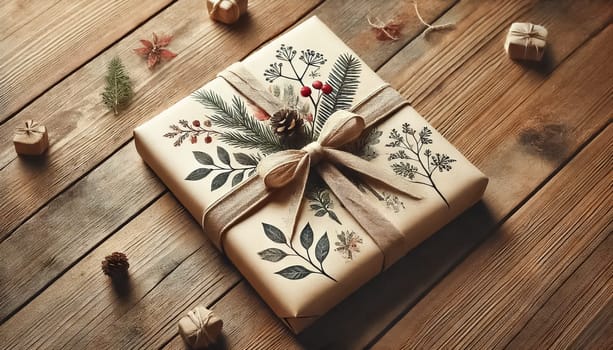 A Christmas present on a wooden table, wrapped in homemade, hand-painted paper with a bow and straps. Beside the gift are handmade gingerbread cookies decorated with royal icing, adding a festive touch.