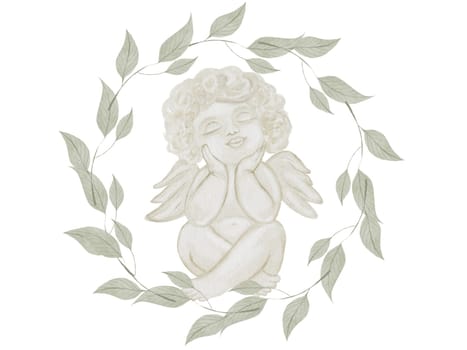 Watercolor Cupid in green leaf frame. Baptism angel. Hand drawn little Cherub in pastel colors on a white background. Clip art religious. Perfect for Valentine's Day and Christening cards and posters. High quality illustration. High quality illustration