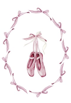 Pointe shoes watercolor. Hand drawn pink ballerina accessories in a frame of bows on isolated white background. Clip art of elegant satin ballet shoes with space for name inscription. Ideal card for ballet and dance and posters. High quality illustration