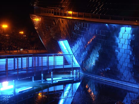 Nightly detailed view of the universe in Bremen. Egg-shaped technology museum at the university grounds