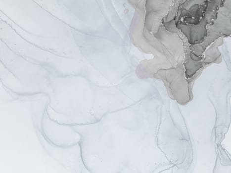 This abstract composition highlights flowing gray and white tones of alcohol ink, creating a serene and calming visual experience.