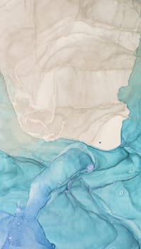 This artwork showcases an intricate blend of turquoise and cream hues created with alcohol ink. The flowing shapes and soft transitions evoke a sense of tranquility and movement.