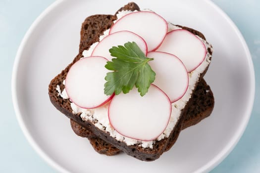 Delicious rye bread topped with fresh radishes and cheese.