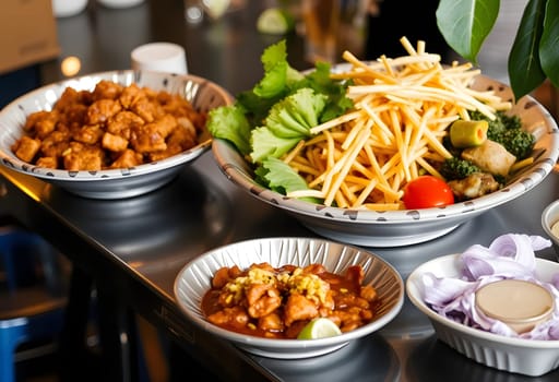 Assorted Thai dishes plate food restaurant cafe lunch dinner holiday generated ai alt. High quality photo illustration image wallpaper