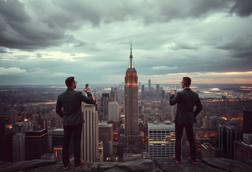 Two men skyline business businessmen city mobile phone selfie skyscrapers architecture motivation development construction generated ai alt. High quality photo illustration image wallpaper graphic design