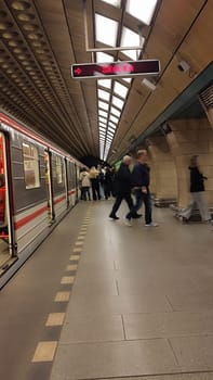 October 15 2024 Prague Czech Republic Europe Subway station platform metro station transport travel architecture building laminate lamps light city underground indoor. High quality photo