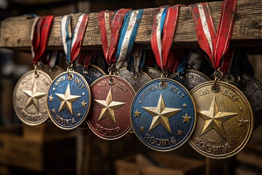 A row of metallic medals with ribbons showcases achievements in sports, hanging in a rustic wooden environment.