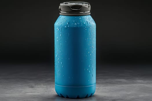 Bright blue insulated water bottle covered in water droplets is displayed on a textured surface with dark backdrop.