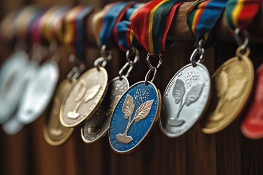 Medals with colorful ribbons hang neatly, representing various accomplishments and competitions at a local event or ceremony.