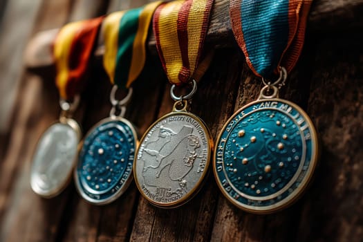 Four distinct medals with colorful ribbons displayed on a rustic wooden board signify accomplishments and honors in various competitions.