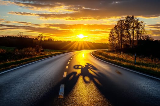 A winding road reflects the vibrant colors of a sunset, while shadows of trees and a bicycle create an artistic effect.