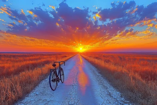 A bicycle stands still on a dirt road as the sun sets, casting vibrant colors across the sky and illuminating the grassy fields.
