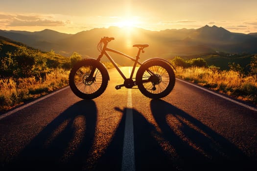 A bicycle stands on a road as the sun sets behind mountains, casting long shadows and highlighting the natural beauty of the surroundings.
