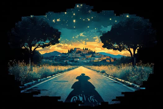 A biker rides along a road at sunset, casting a long shadow with a picturesque village set on a hill in the distance.