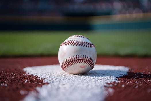 A baseball sits on the pitcher's mound with a clear view of the green field behind it, capturing the essence of the sport.