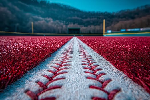 Bright red baseball turf stretches out with white stitching visible, set against a stunning mountainous background during daylight.