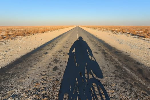 A cyclist rides along a deserted road with a striking shadow cast on the ground during the early evening.