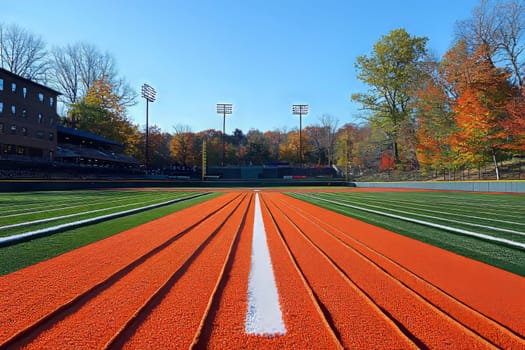 An outdoor athletic track features bright orange lanes against a backdrop of vibrant autumn trees under a clear blue sky.