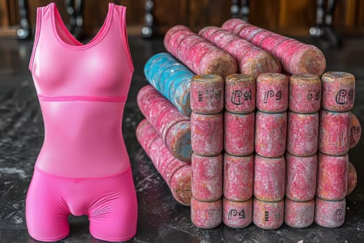 A vibrant pink athletic outfit stands next to a stacked array of colorful dumbbells, showcasing a dynamic workout setup.