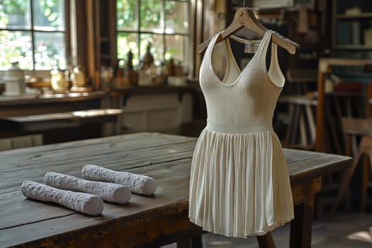 A beautiful white dress hangs on a rustic wooden hanger in a workshop, surrounded by soft natural light filtering in through windows.