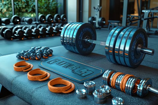 Weights and fitness equipment lay on a gym bench in a bright, modern workout area surrounded by fitness gear.