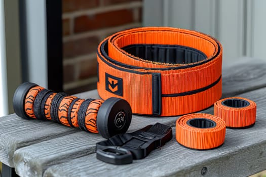 Five pieces of fitness equipment in vibrant orange lay on a wooden surface, ready for an outdoor workout session in daylight.