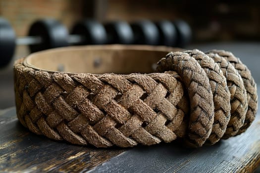 A woven leather weightlifting belt rests on a wooden surface, showcasing its intricate design amidst gym equipment and weights.