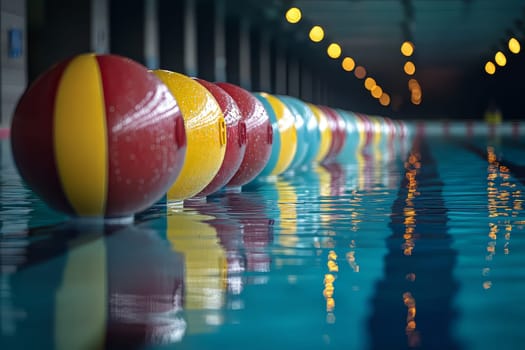 Brightly colored balls are lined up in a swimming pool, reflecting water surfaces while lights create a calm atmosphere.