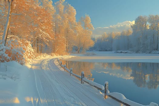 A tranquil winter scene shows a snow-covered path beside a calm lake reflecting trees and vibrant colors as evening light fades.