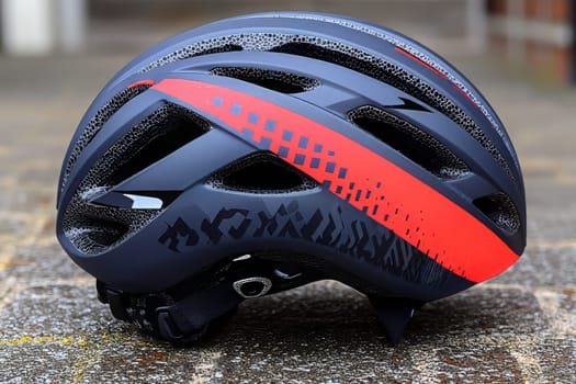 A sleek cycling helmet with a modern design rests on a cobblestone surface, showcasing its vibrant colors and aerodynamic shape.