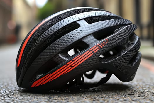 Close-up of a sleek, colorful cycling helmet on a cobblestone street, showcasing its modern design in an urban setting.