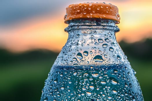 A close-up of a bottle covered in droplets, capturing a stunning sunset in the background with lush greenery below.