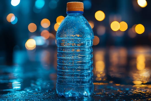 A clear water bottle with condensation stands on a reflective wet surface at night, surrounded by colorful blurred lights.