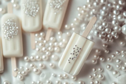 The white ice cream on a stick, decorated with edible pearls,popsicle, rhinestones.