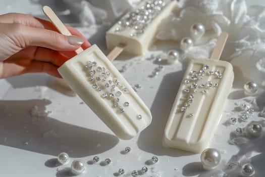 The hand holds an white ice cream on a stick, decorated with edible pearls,popsicle, rhinestones.
