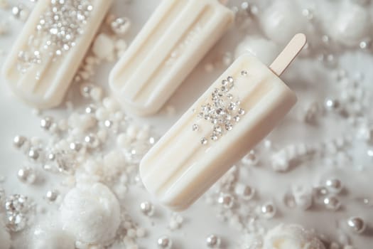 The white ice cream on a stick, decorated with edible pearls,popsicle, rhinestones.