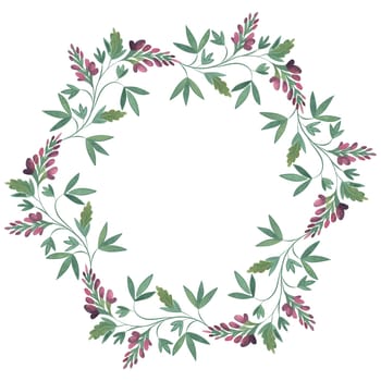 Round wreath of wild herbs, flowers and leaves. Decor for graphic design, printing and packaging. Isolated hand-drawn watercolor illustration