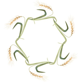 Wreath of wild grasses, cereals, ears and leaves. Decor for graphic design, printing and packaging. Isolated hand-drawn watercolor illustration