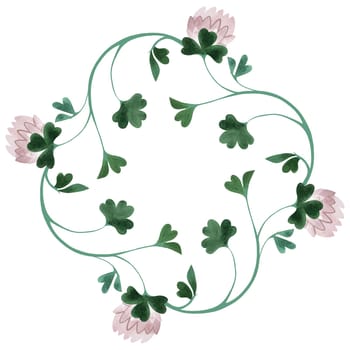 Wreath of wild clover and shamrocks. Decor for graphic design, printing and packaging. Isolated hand-drawn watercolor illustration
