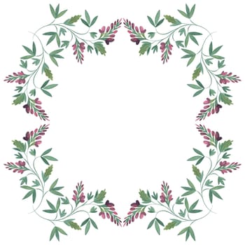 Square frame of wild herbs, flowers and leaves. Decor for graphic design, printing and packaging. Isolated hand-drawn watercolor illustration