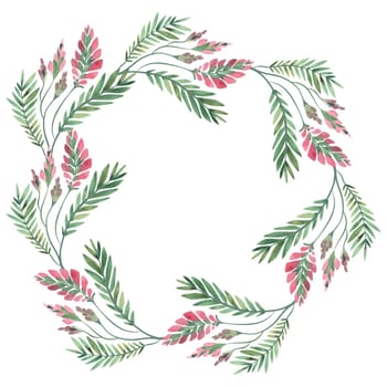 Round wreath of wild herbs, flowers and leaves. Decor for graphic design, printing and packaging. Isolated hand-drawn watercolor illustration