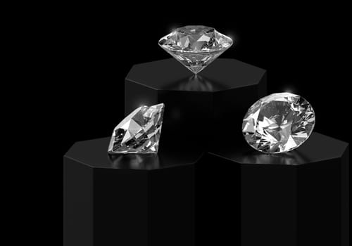 Dazzling diamond with reflection on black podium black background