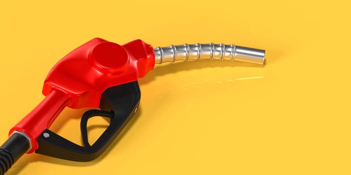 Fueling gasoline web banner with red realistic device for filling the car with petrol 3d illustration of fuel nozzle gun, landing page template on yellow background