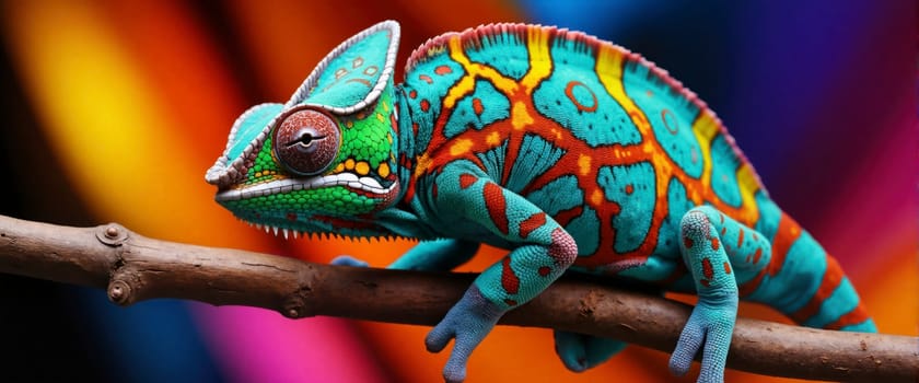 A colorful chameleon is perched on a branch. The bright colors of the lizard and the surrounding environment create a sense of vibrancy and energy