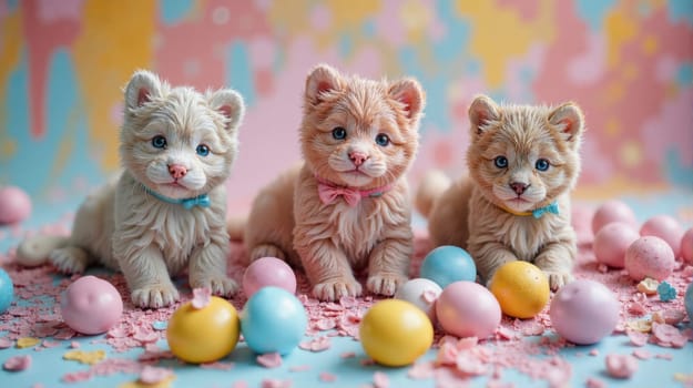 Three kittens are sitting on a pink and yellow background with a pile of eggs in front of them