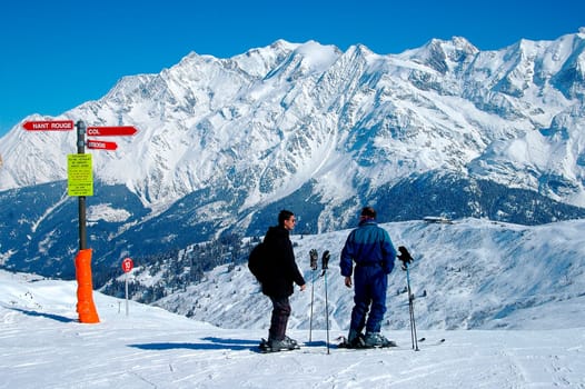 In the ski resort of Contamines,view of the Mont Blanc massif,France